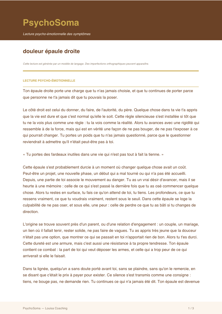 Fiche PsychoSoma — Douleur épaule droite